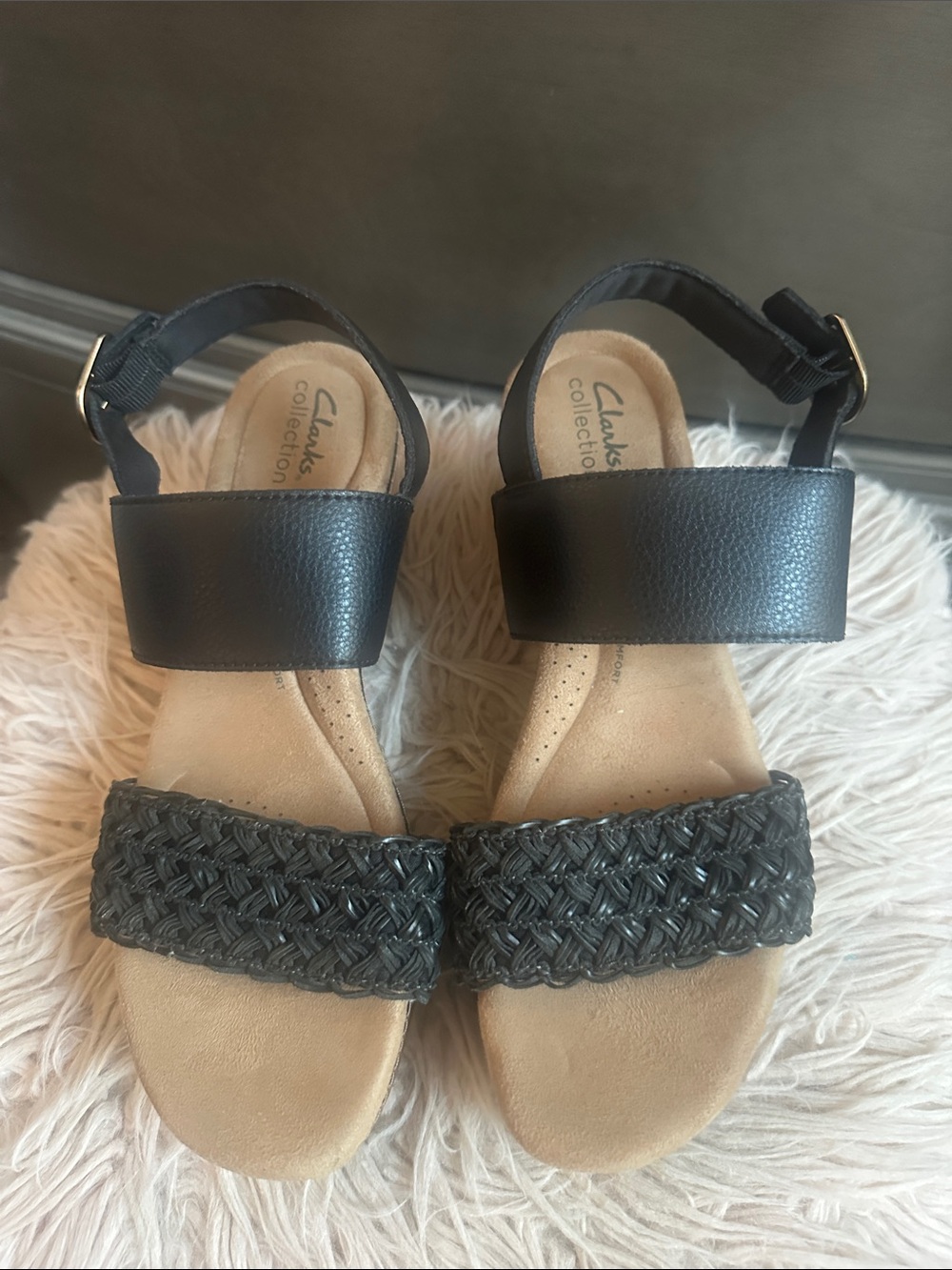 Clarks Black Braided Front and Ankle Strap Sandals